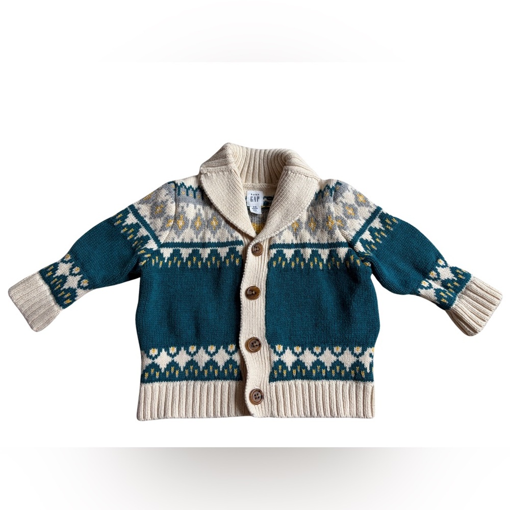 Baby Gap Fair Isle Knit Cardigan Sweater | Teal & Cream Size 6-12 Months